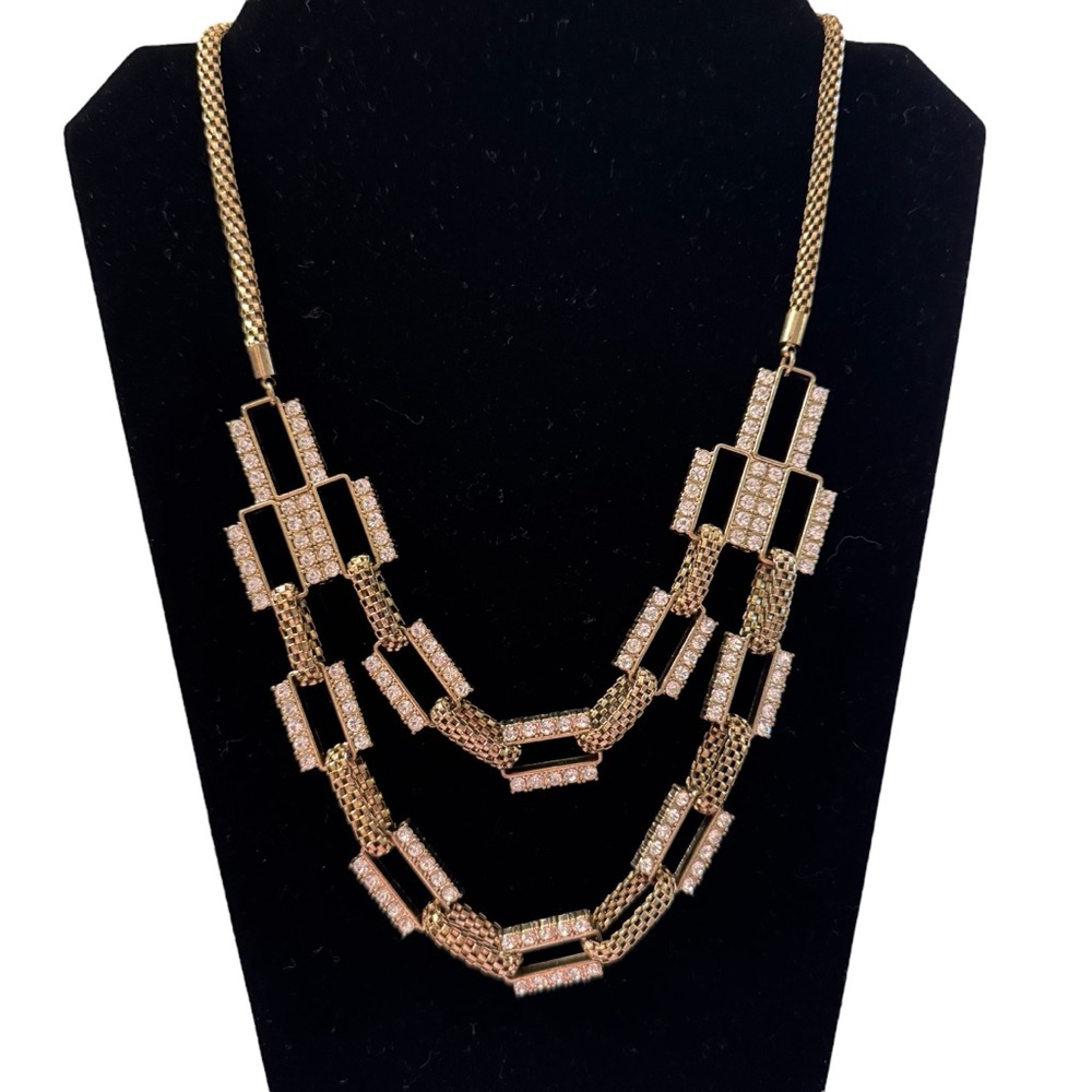 Jewelmint Gold Tone Metal Mesh Chain Statement Necklace Pave Crystal Rectangle